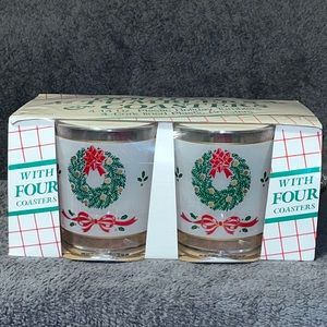 Vintage 1987 Holiday Tumblers and Coasters Set of 4 in Original Packaging. NOS.